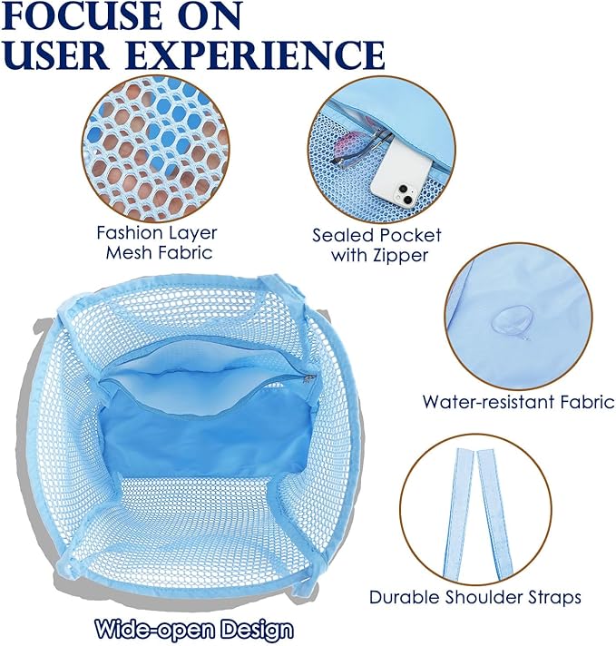 Fammart Mesh Beach Bag, Large Beach Tote with Zipper Pocket for Family Pool Bag for Toys & Vacation Essentials