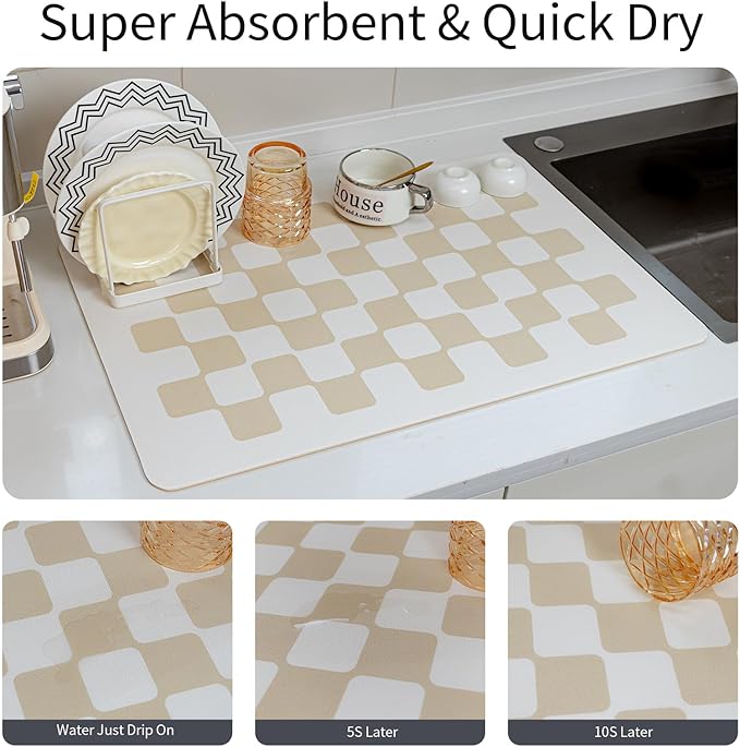 24''x16'' Water Absorbent Dish Drying Mats for Kitchen Counter Checkered Coffee Bar Station Accessories, Easy Clean and Quick Drying,Beige Checkered