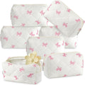 Paterr 6 Pcs Quilted Makeup Bag Bulk for Women Girls Birthday Valentine's Day Bridesmaid Gifts Cute Cotton Cosmetic Pouch Bow Floral Coquette Aesthetic Travel Toiletry Bag(Pink Bow,White)