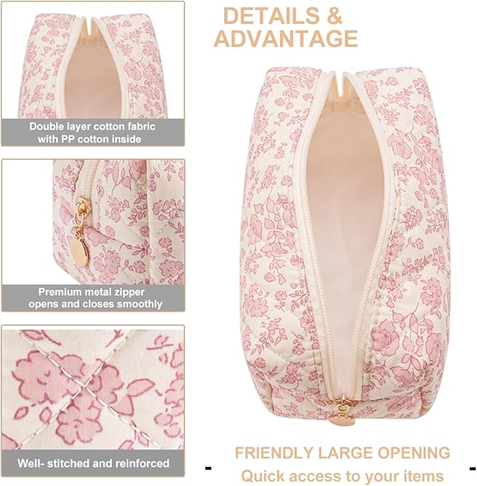 Gleyemor Small Quilted Makeup Bag for Women, Cute Floral Bow Cosmetic Bag, Emergency Bag Travel Toiletry Cotton Pouch Gifts for Girls Her Mom Friend Sister Bridesmaid (Pink Flower)