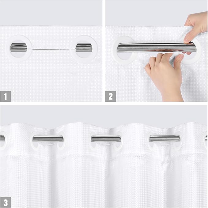 MitoVilla No Hooks Needed Black Ombre Waffle Shower Curtain Liner Set, Modern Waffle Weave Heavy Duty Fabric Cloth Shower Curtain with Snap-in Liner for Luxury Neutral Hotel Spa Bathroom Decor