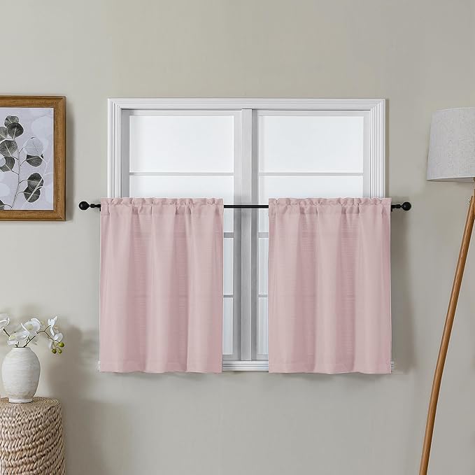 Lecloud Bessie Blush Pink Kitchen Curtains 24 Inch Length 2 Pcs, Faux Linen Textured Short Curtains for Small Windows, Light Filtering Tiers Window Treatments for Bedroom Bathroom, Each 30 W x 24 L