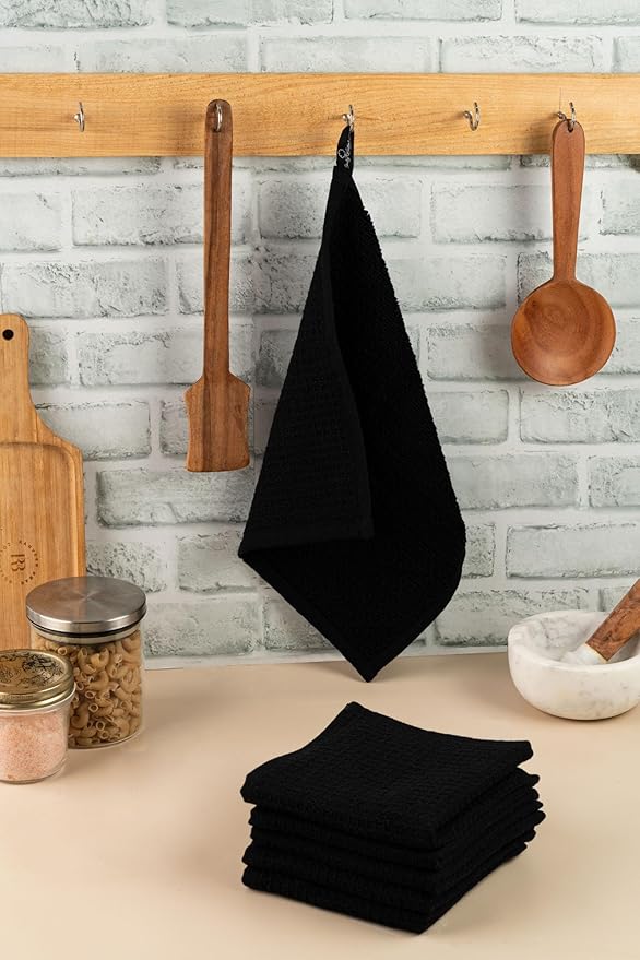 Candy Cottons Kitchen Dish Wash Cloths Waffle Terry Design DishCloths12x12 in Pk of 4 & Dish Towels 13x28 in Pk of 4|Cotton Dish Rags for Drying Dishes|Counter Top |Spring Easter Basket Decor|Black