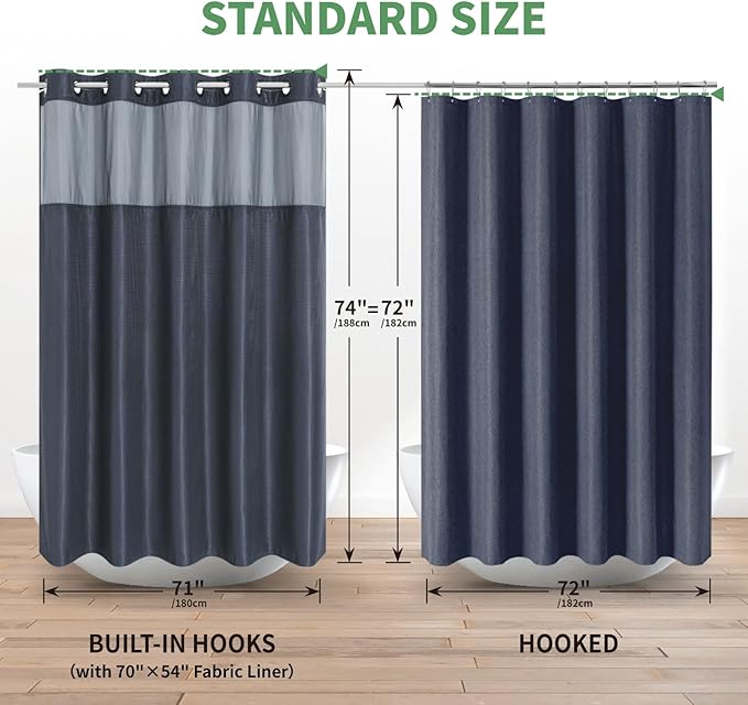 eachope Navy No Hook Shower Curtain with Snap-in Fabric Liner Set,Waffle Weave Shower Curtains for Bathroom,Hotel Luxury Decor Bathroom Curtain Set,Waterproof & Washable,71Wx74H