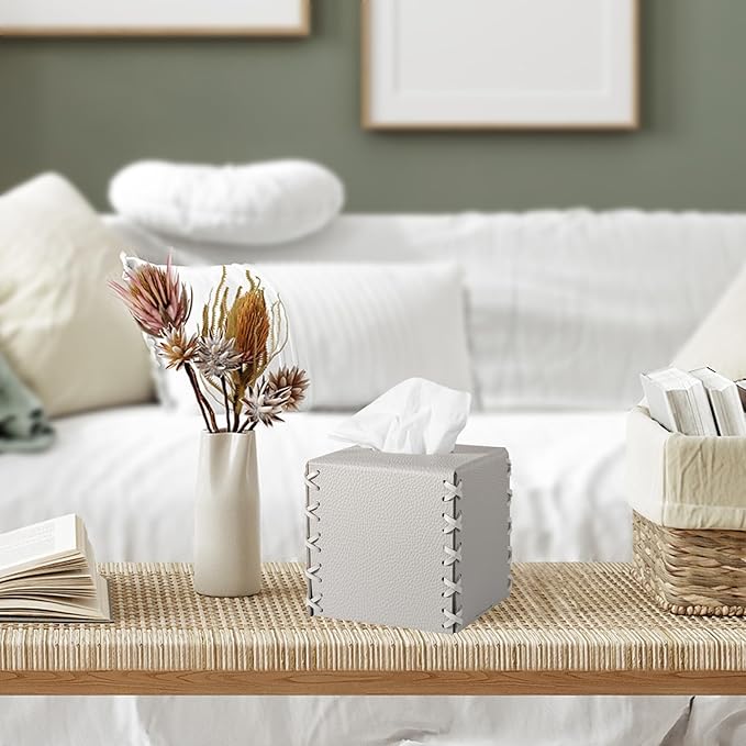 Tissue Box Cover PU Leather Tissue Holder Square Decorative Home Decor Cube Boxes for Bathroom, Kitchen, Nightstand, Office Desk Essentials, Light Gray