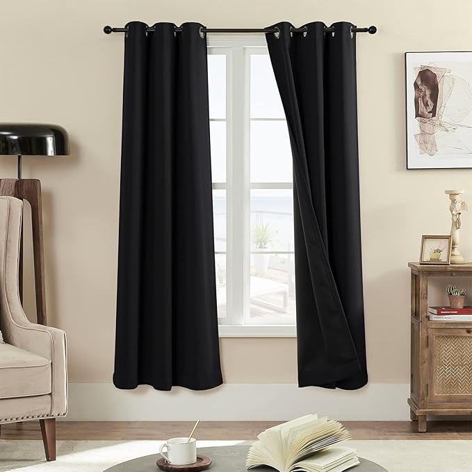Rutterllow 100% Blackout Curtains for Bedroom 42Wx72L Inch, Energy Efficiency Full Shading Window Curtain Panels, Heat and Light Blocking Soundproof Draperies for Living Room/Cafe (1 Pair, Black)