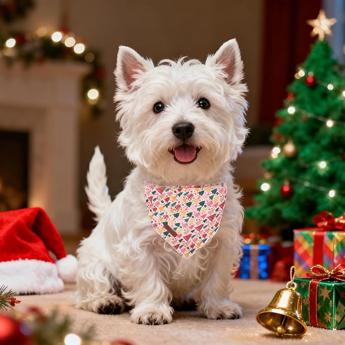 UP URARA PUP Christmas Dog Bandana–Pink Christmas Tree Triangle Scarf for Small Medium Large Dogs, Soft Cotton Pet Bib for Winter & New Year, Adjustable Dog Kerchief