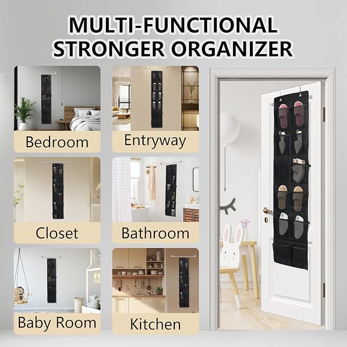 Auvotuis Over the Door Shoe Organizer, 12 Mesh Pockets Hanging Shoe Organizer with 4 Metal Hooks (Black)