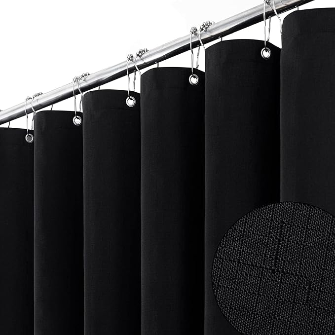 BTTN Extra Wide Shower Curtain - 108x72 Inch Linen Textured Waterproof Fabric Shower Curtain Set with 18 Plastic Hooks, Large Modern Neutral Decorative Shower Curtains for Bathroom and Bathtub - Black