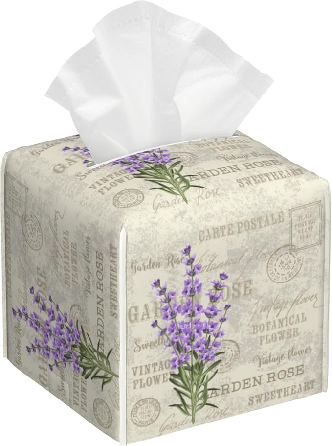 POIUBLE Leather Tissue Box Holder Lavender Flowers Tissue Box Cover Square Waterproof Tissue Holder Organizer Modern Napkin Holder for Bedroom Dresser Night Stand Office Desk