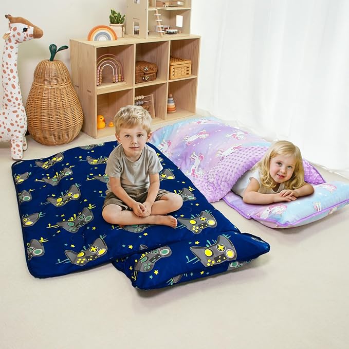 Beavtaens Toddler Nap Mat with Pillow and Minky Blanket, Large 55"x35" Sleeping Bag, Washable, Lightweight, Easy to Roll, Perfect for Preschool, Daycare, Kindergarten, Travel, Boys and Girls(Gamepad)