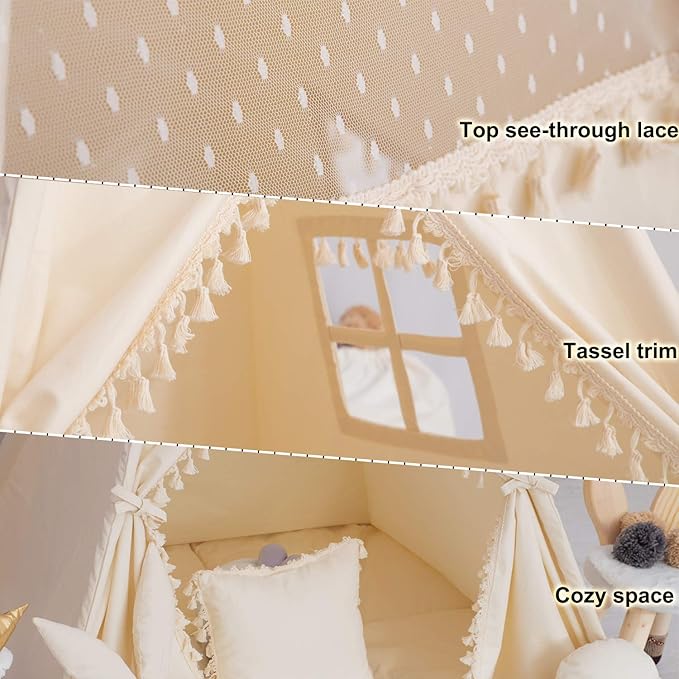 TreeBud Kids Teepee Tent with Padded Mat, Banner, Fairy Lights, Yarn Ball, Carry Bag, Beige Cotton Canvas Play Tent for Child with Tassels Lace, Play House Tipi for Kids Room Decor