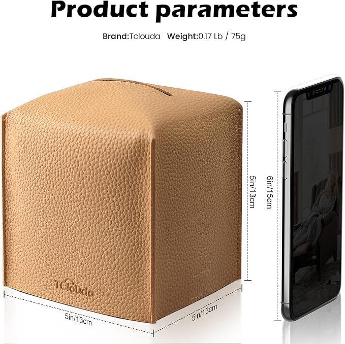 Tissue Box Cover, Tclouda, Modern PU Leather Square Tissue Box Holder for Creative Decorative, Ideal for Bathrooms/Office/Car/Nightstand/Outdoor Tent/Dining Table, 5"X5"X5", Single Claybank