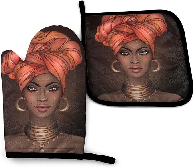 African American Black Woman Oven Mitts and Pot Holders Insulated Gloves & Kitchen Counter Safe Mats for Cooking BBQ Baking Grilling (2-Piece Set)