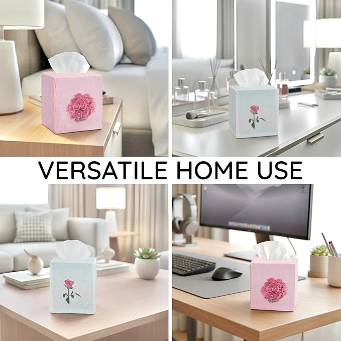 EmbroideryLinen.VN Tissue Box Cover Set of 2, Square Linen Tissue Holder, Printed Floral Design, 4.5x4.5x5.5 Inches, Decorative Holder for Bathroom, Living Room, Office (Rose)