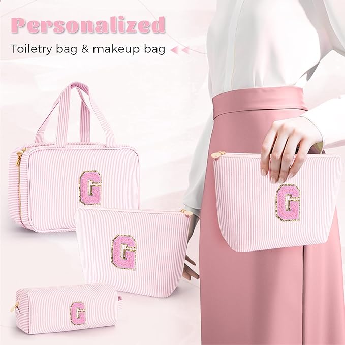 Fystdtote Personalized Toiletry Bag for Women - Monogram Cosmetic Bags Travel Makeup Pouch Brush Holder Birthday Gifts for Women Her Wedding Bridesmaid Friend Sister Teacher Wife - Pink G
