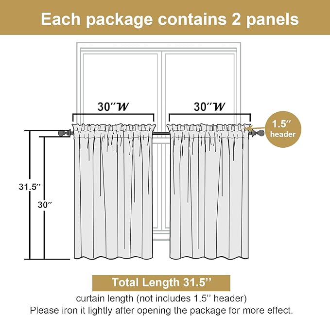 Lecloud Bessie Ivory Kitchen Curtains 30 Inch Length 2 Panels, Faux Linen Semi-Sheer Curtain Tiers, Window Treatments for Bedroom Bathroom, Rod Pocket Short Window Curtains, Each 30 W x 30 L