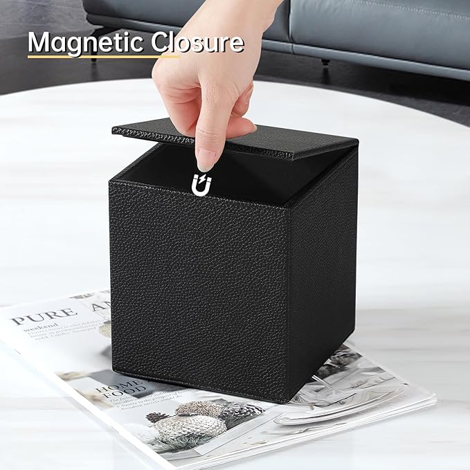 JLAMBOM PU Leather Tissue Box Cover Square Tissue Box Holder with Magnetic Closure, Decorative Tissue Holder for Bathroom Bedroom Office (Black)
