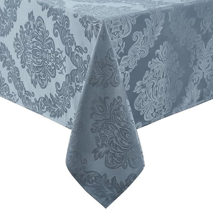 Newbridge Barcelona Damask Fabric Tablecloth, 52 x 70 Inch Rectangle, Blue – No Iron, Soil Resistant Table Cover for Dining, Parties and Holidays
