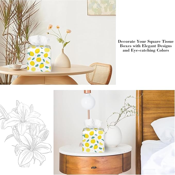 Lemon Citrus with Leaves Tissue Box Cover,Waterproof Leather Square Tissue Box Cover Case Facial Paper Organizer Dispenser Box Holder for Home Office Bathroom Vanity Countertop