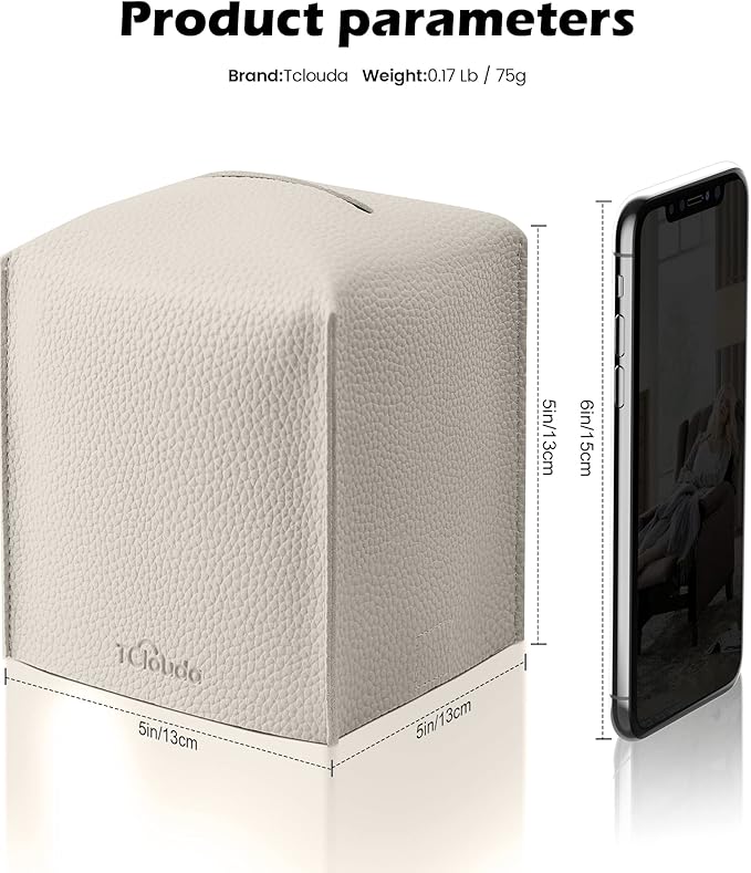 Tclouda Tissue Box Cover for PU Leather, Modern Simple Solid Color Holder Square Tissue Bag, Ideal for Bathrooms,Office,Car,Outdoor Tent,Dining Table,5"X5"X5", Single Off-White