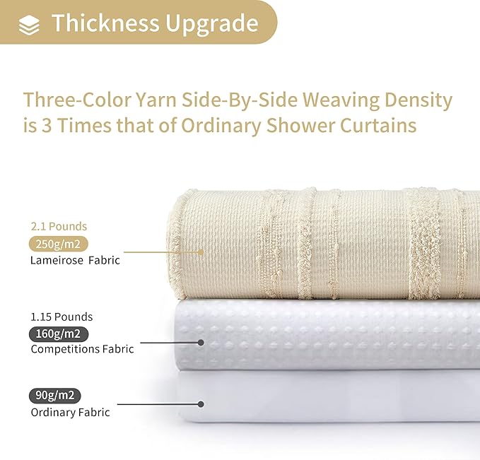 Lameirose Beige Shower Curtain Boho, 72 x 72 Cotton Blend Waffle Weave Stripe Textured Heavy Duty, Fabric Shower Curtain for Bathroom, Hotel, Washable