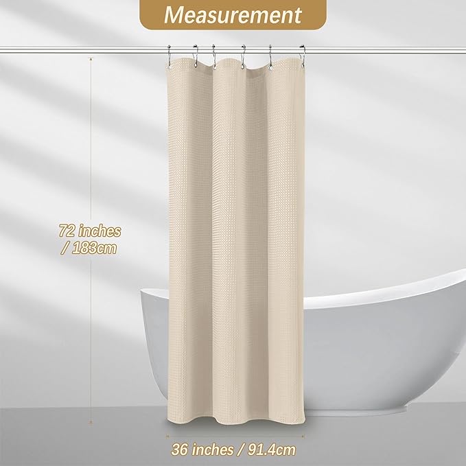 PANGSINNE Beige Fabric Shower Curtain - Waffle Textured Heavy Duty Shower Curtains for Bathroom, 256GSM Hotel Spa Luxury Weighted Bath Curtain with 6 Hooks, 36x72, Beige