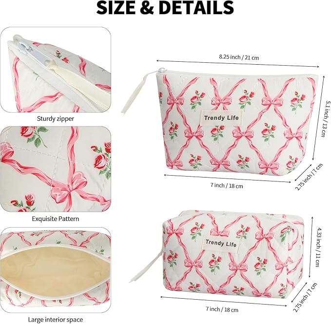 HAOGUAGUA 2 Pieces Makeup Bag, Small Large Quilted Cosmetic Bag, Travel Floral Make Up Toiletry Organizer Bag for Women Girls (2PCS STYLE A-1)