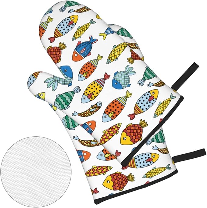 Colorful Fish Oven Mitts and Pot Holders Set of 4, Oven Mittens and Potholders Heat Resistant Gloves for Kitchen Cooking Baking Grilling BBQ