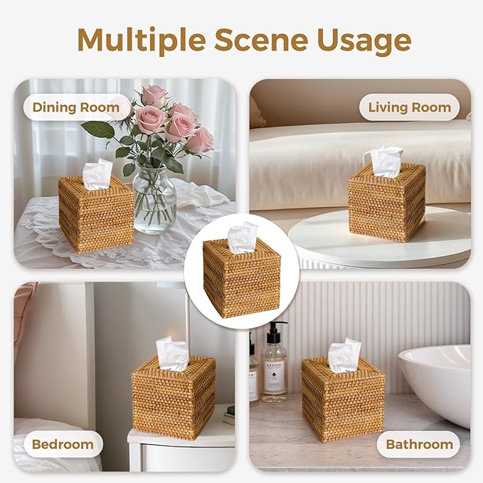 KALEKAIL Rattan Tissue Box Cover, Wicker Tissue Box Holder Square, Boho Decorative Woven Rattan Tissue Holders for Bathroom Living Room Kitchen, Natural