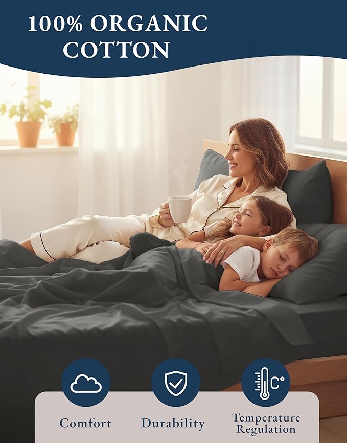 LANE LINEN 100% Organic Cotton Sheets King Size Machine Washable Fully Elasticized Soft & Comfy Mercerized Sustainably Produced All Season Eco Friendly Cotton Sheets sábanas King- Charcoal