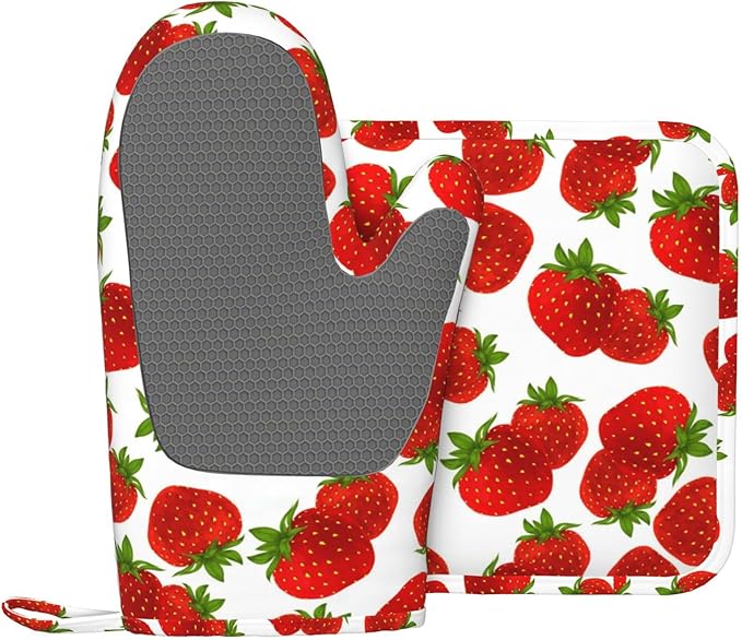 Silicone Oven Mitts and Pot Holders Sets, Home Cute Strawberry Heat Resistant BBQ Gloves for Kitchen Baking Cooking Grilling Microwave