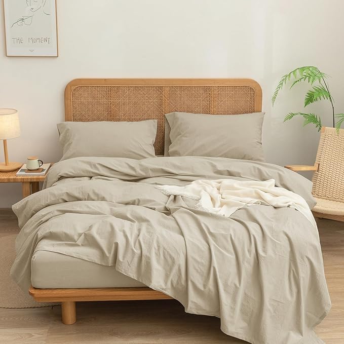 BESTOUCH Sheet Set 100% Washed Cotton Linen Feel Super Soft Comfortable Chic Lightweight 3 Pcs Home Bedding Set Solid Almond Milk Grey Twin