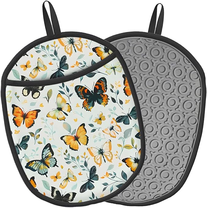 Pot Holders 2 Pack Silicone, Cotton Lining, Heat Resistant to 500°F (260°C), Non-Slip Grip, 7.5"x9.4" Oval Kitchen Hot Pads for Oven, Cooking (Butterflies, Potholders)