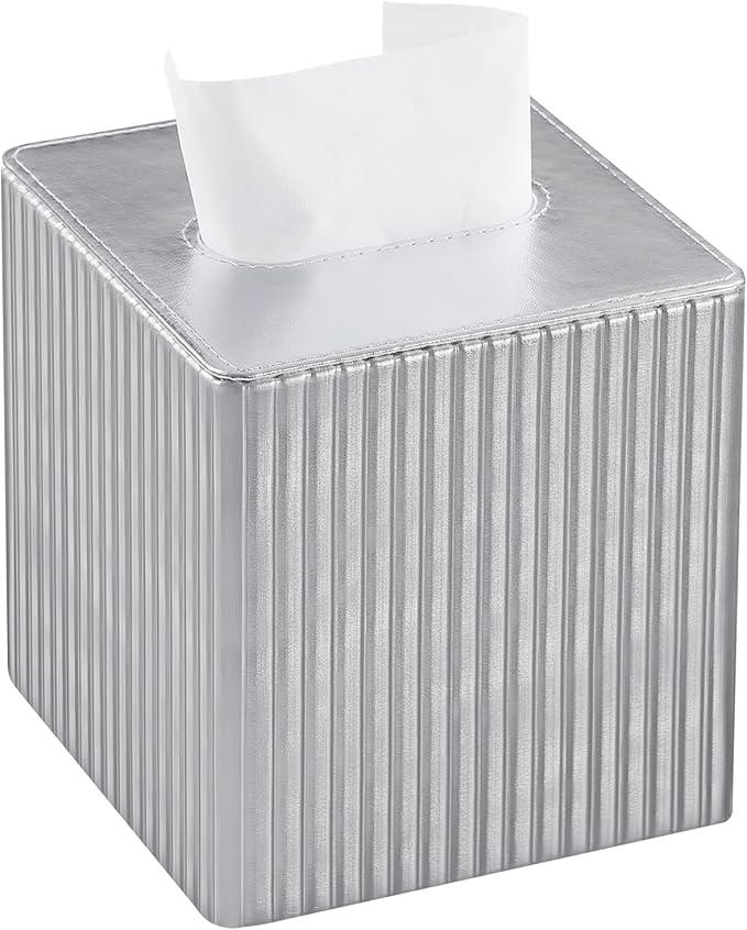 MEIBOOCH PU Leather Tissue Box Cover Square, Rectangle Tissue Box Holder with Magnetic Closure, Decorative Tissue Holder for Bathroom Bedroom Office (Shiny Silver, Square)