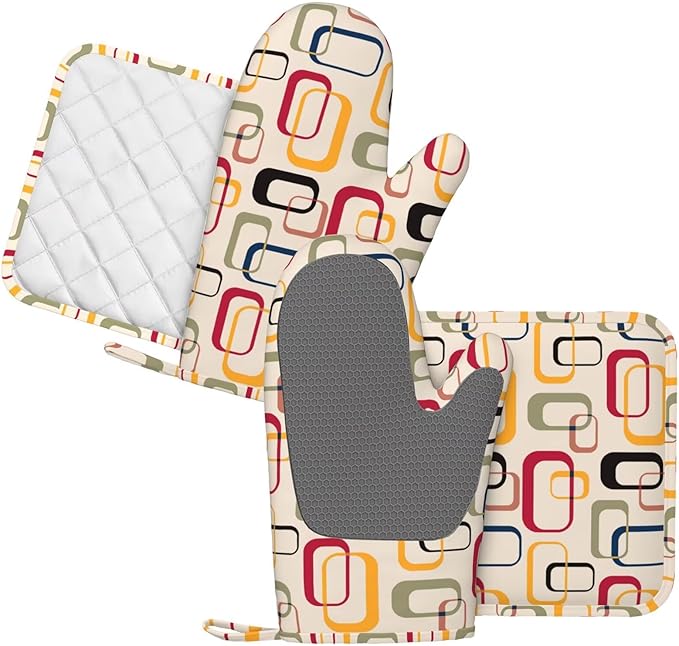 Mid Century Modern Retro Oven Mitts and Pot Holders Set of 4 Silicone Abstract Kitchen Mitten Gloves and Non-Slip Potholders Set Heat Resistant Oven Gloves Hot Holders for Kitchen