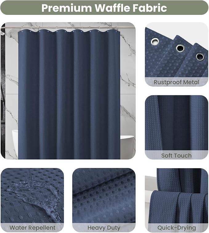 Inhousolu Fabric Shower Curtain Waffle Weave, Navy Blue 230 GSM Heavy Duty, Weighted Hem, 12 Metal Hooks, Water Repellent, Machine Washable, Hotel Spa Luxury Bath Curtain Set, 54 x 78 Inch