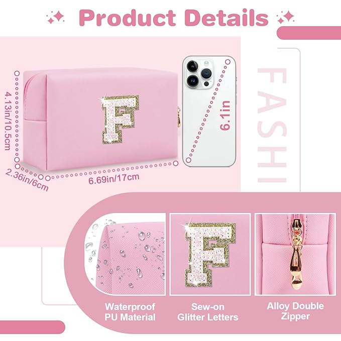 Small Personalized Initial A-Z Patch Makeup Bag,Pink Cute PU Leather Glitter Letter Cosmetic Bag for Teen Girls,Travel Toiletry Bag with Zipper,Preppy Monogrammed Birthday Gift for Daughter Niece F