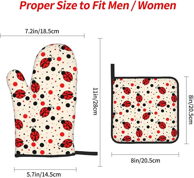 Ladybugs Oven Mitts and Pot Holders 4 Pcs Set Oven Gloves and Potholders for Cooking Microwave BBQ Baking Grilling