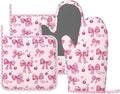 Oven Mitts Pot Holders Set Pink Bow Pattern Cherry Silicone Kitchen Gloves Potholders Heat Resistant for Chef Baking Cooking Grilling BBQ 4 Pack Mitt