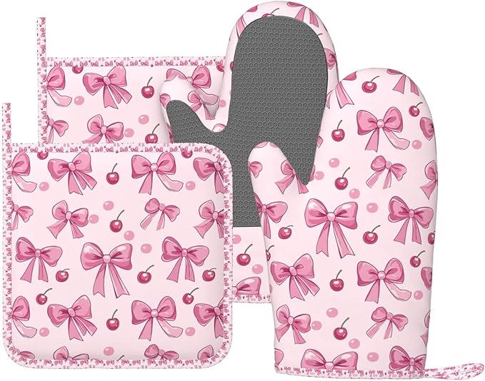 Oven Mitts Pot Holders Set Pink Bow Pattern Cherry Silicone Kitchen Gloves Potholders Heat Resistant for Chef Baking Cooking Grilling BBQ 4 Pack Mitt