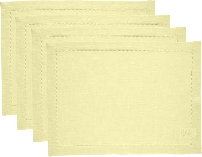 Solino Home Linen Placemats Set of 4 - Milan Hemstitch Butter Yellow Placemats 14 x 19 Inch - 100% Pure Linen Table Mats for Spring, Easter