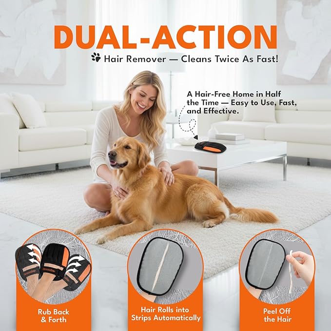 Groomiez 2 PCS Pet Hair Removal Gloves Set with Storage Bag – Electrostatic Dog & Cat Fur Remover Mitt for Furniture, Couch, Clothes & Car – Reusable & Washable Hair Cleaning Gloves