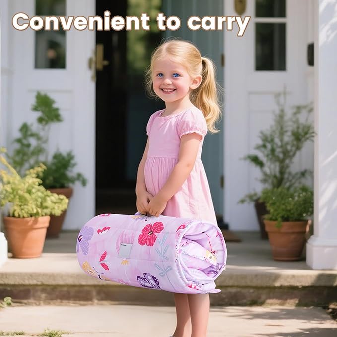 david's kids Toddler Nap Mat Set with Removable Pillow, Ultra Soft Slumber Bags for Girls，Perfect for Preschool, Daycare, Kids Sleeping Bags with Rollup Design, 50"x20", Butterfly