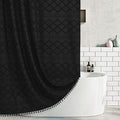 Extra Long Black Woven Fabric Boho Shower Curtain with Tassels 72 x 80 Modern Farmhouse Minimalist, Tufted Chevron Textured Striped Shabby Chic, Water Resistant Cloth Curtain for Bathroom, Hotel Decor