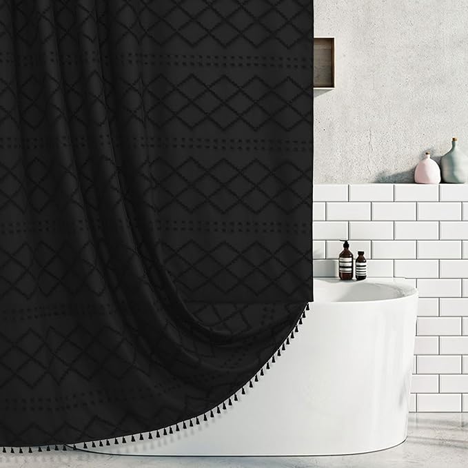 Extra Long Black Woven Fabric Boho Shower Curtain with Tassels 72 x 80 Modern Farmhouse Minimalist, Tufted Chevron Textured Striped Shabby Chic, Water Resistant Cloth Curtain for Bathroom, Hotel Decor