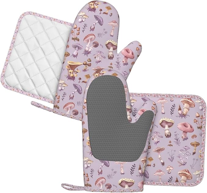 Oven Mitts Pot Holders Set Mushrooms Vintage Botanical Silicone Kitchen Gloves Potholders Heat Resistant for Chef Baking Cooking Grilling BBQ 4 Pack Mitt