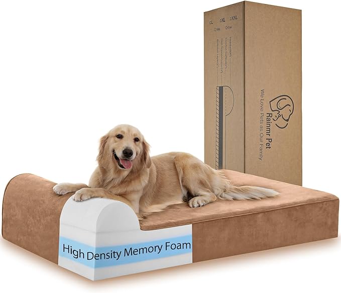 Rainmr Orthopedic Dog Beds for Large Dogs, 7" Memory Foam Dog Beds with Waterproof Liner, Durable Microsuede Cover, Removable and Washable, Nonskid Bottom, 52"x36"x7" XL Khaki