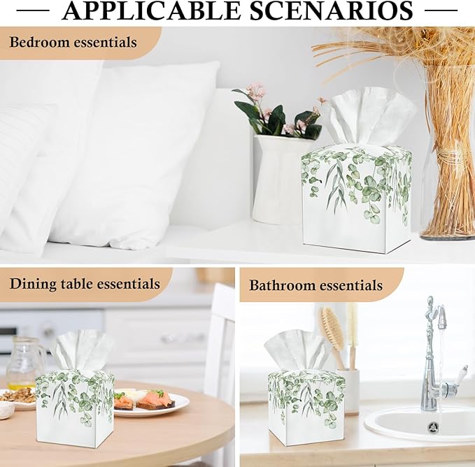 Watercolor Green Leaves Tissue Box Covers Square, Leather Tissue Box Holders Decorative for Car Nightstand Home Office Bathroom Organizer, Square Facial Paper Organizer Home Decor -009