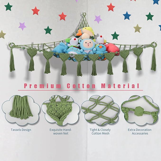 Stuffed Animal Storage Hammock, 56'' Jumbo Boho Macrame Tassels Corner Toy Holder Wall Hanging Net Organizer for Nursery Teddy Plushie, Avocado Green Plush Toy Net with Star Light for Boys Girls Gift